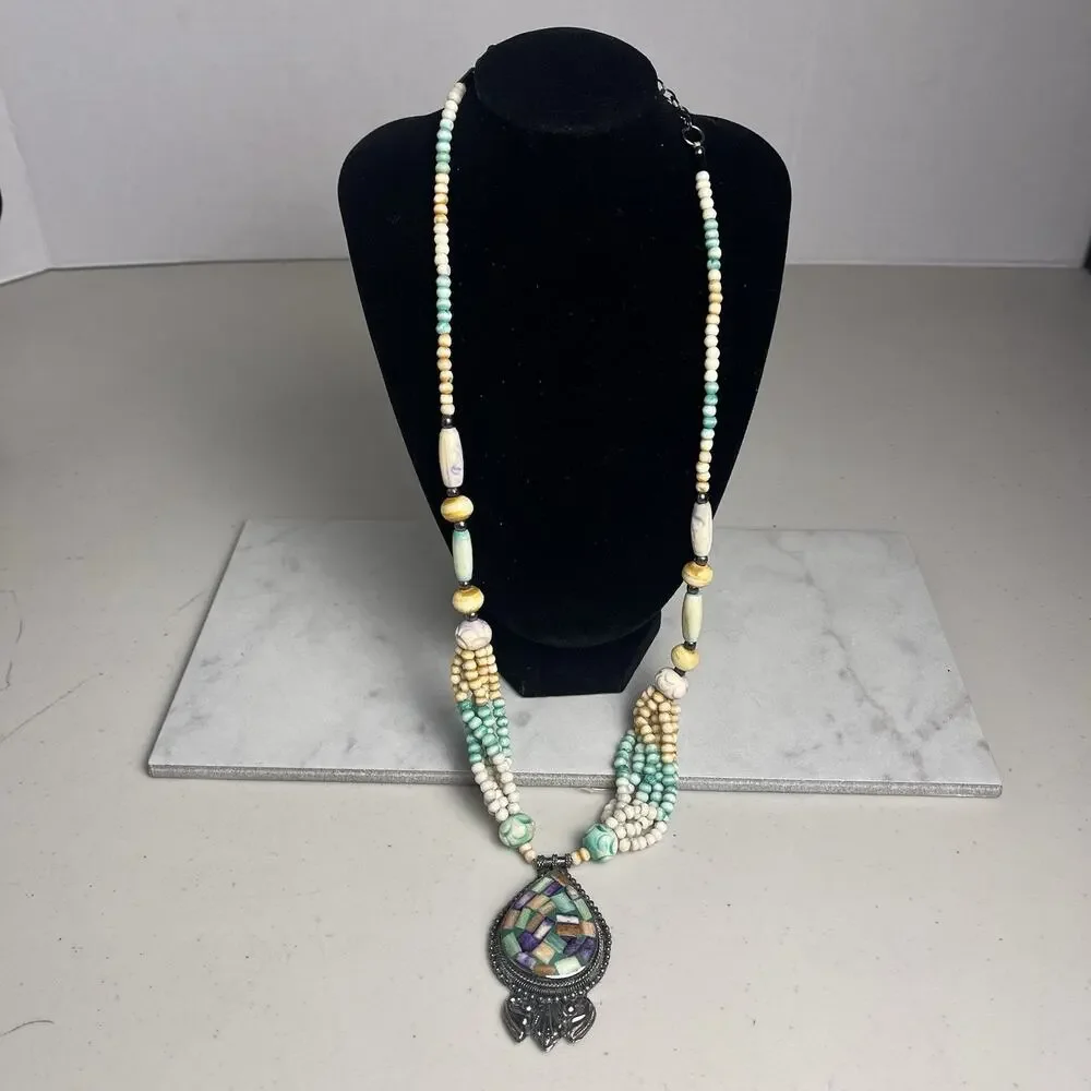 Mosaic Teardrop Pendant Western Tribal Multi Strand Beaded Necklace Silver Tone